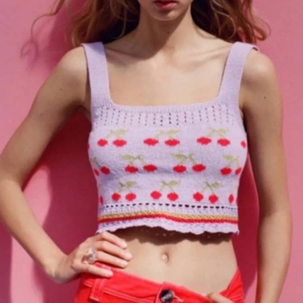 Zara purple knit cherry crop tank top